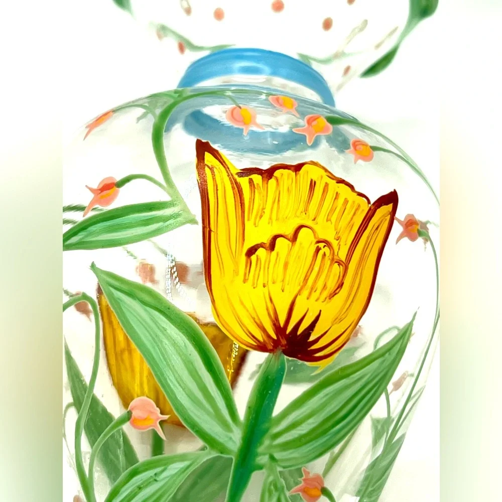 VTG Tracy Porter Hand Painted Glass Flower Vase Ruffled Rim Yellow Tulip 6.5 in